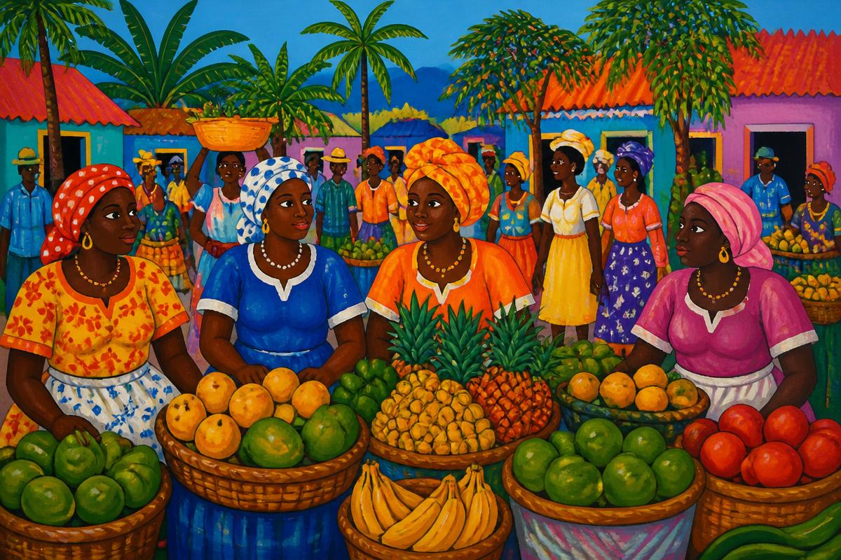 Haitian folk-art depiction of a vibrant outdoor market