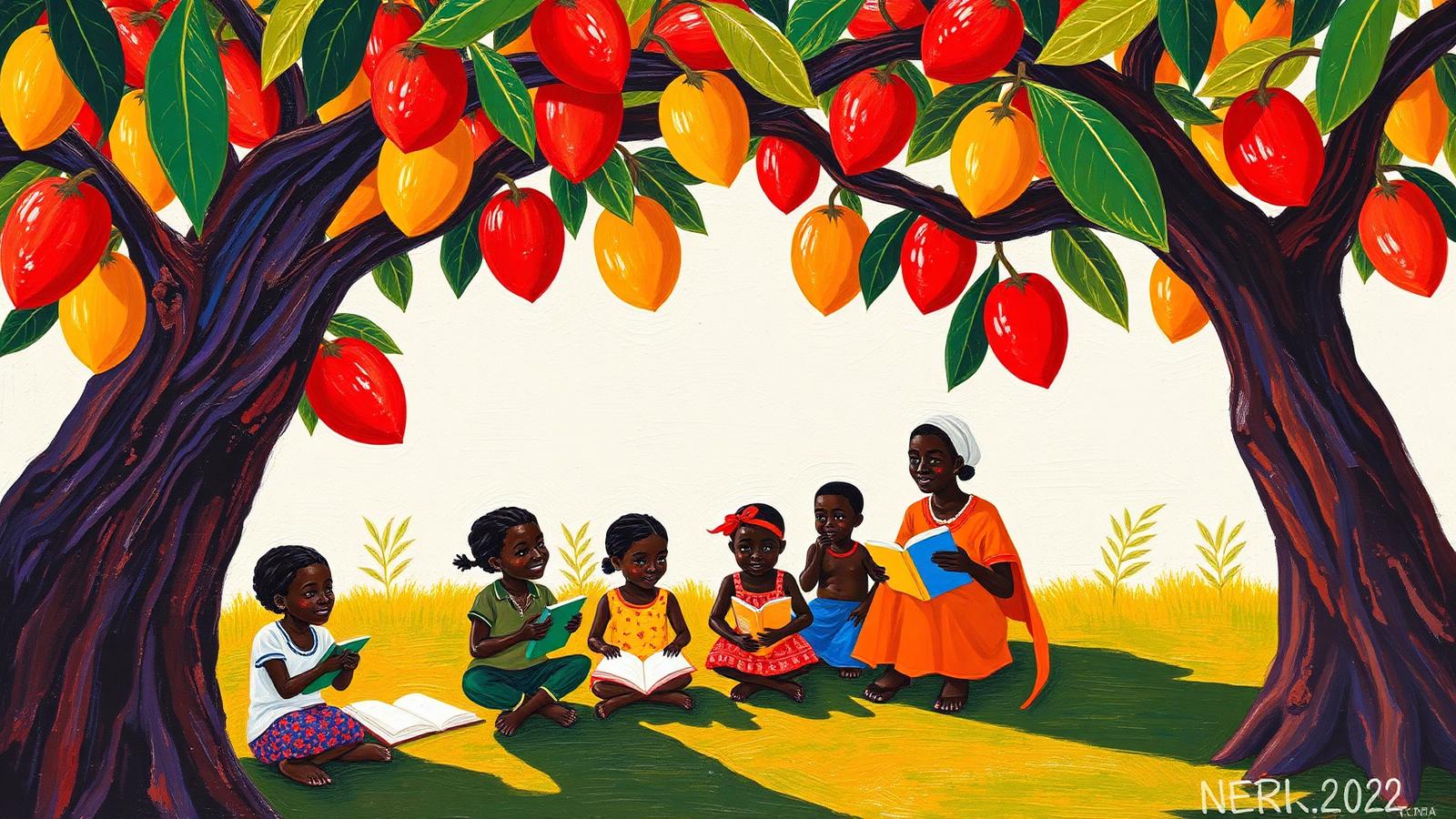 Painting of a teacher reading with children beneath a mango tree
