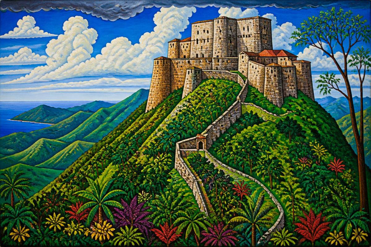 Haitian folk-art depiction of the Citadelle Laferrière on a lush mountain