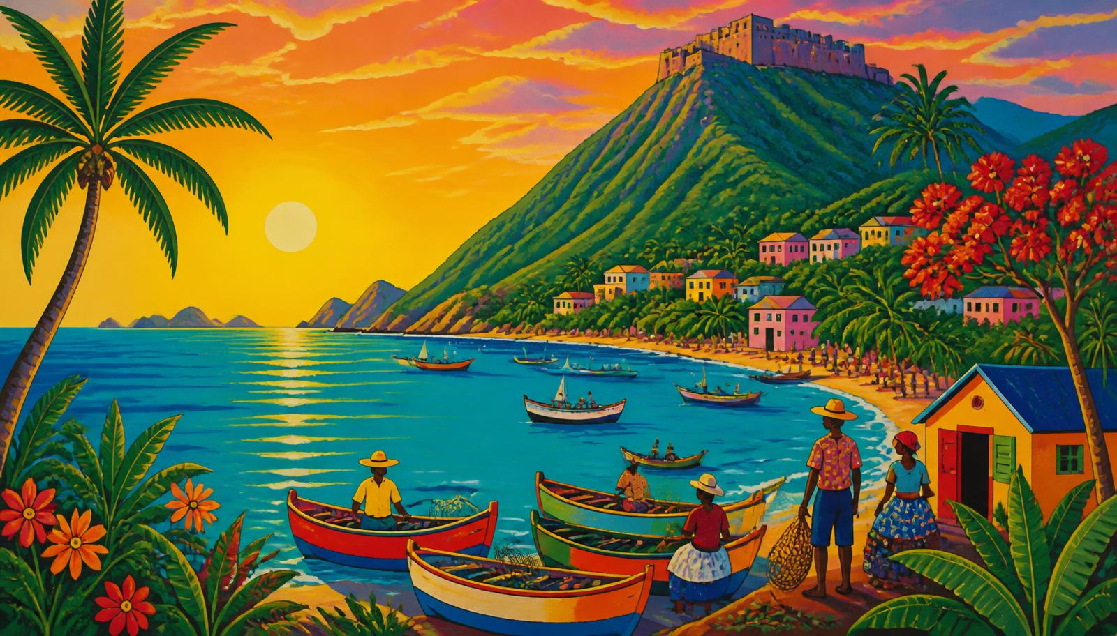 Haitian folk-art rendering of the Caribbean coast with the Citadelle Laferrière